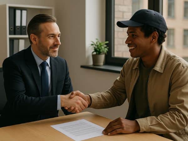 datore di lavoro e lavoratore straniero prendono accordi per assunzione