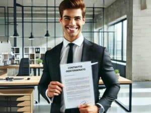 Uomo sorridente in abito che mostra un contratto a tempo indeterminato in ufficio moderno