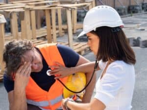 Un medico aziendale ispeziona un uomo sul posto di lavoro per valutare e identificare una malattia professionale