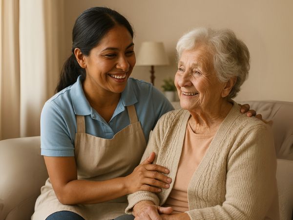 Badante straniera si prende cura di una donna anziana