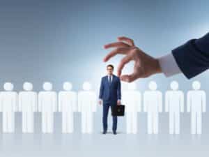 Concetto di selezione del personale con una mano gigante che sceglie un lavoratore per un contratto a tempo indeterminato.